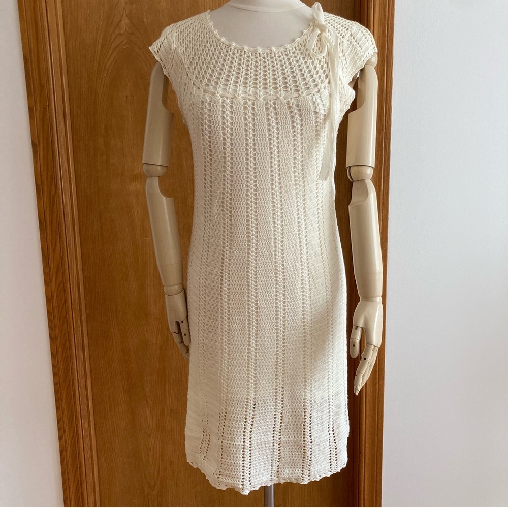 BCBG MAX AZRIA | Ivory Knit Crochet Midi Dress | Sleeveless | Size M